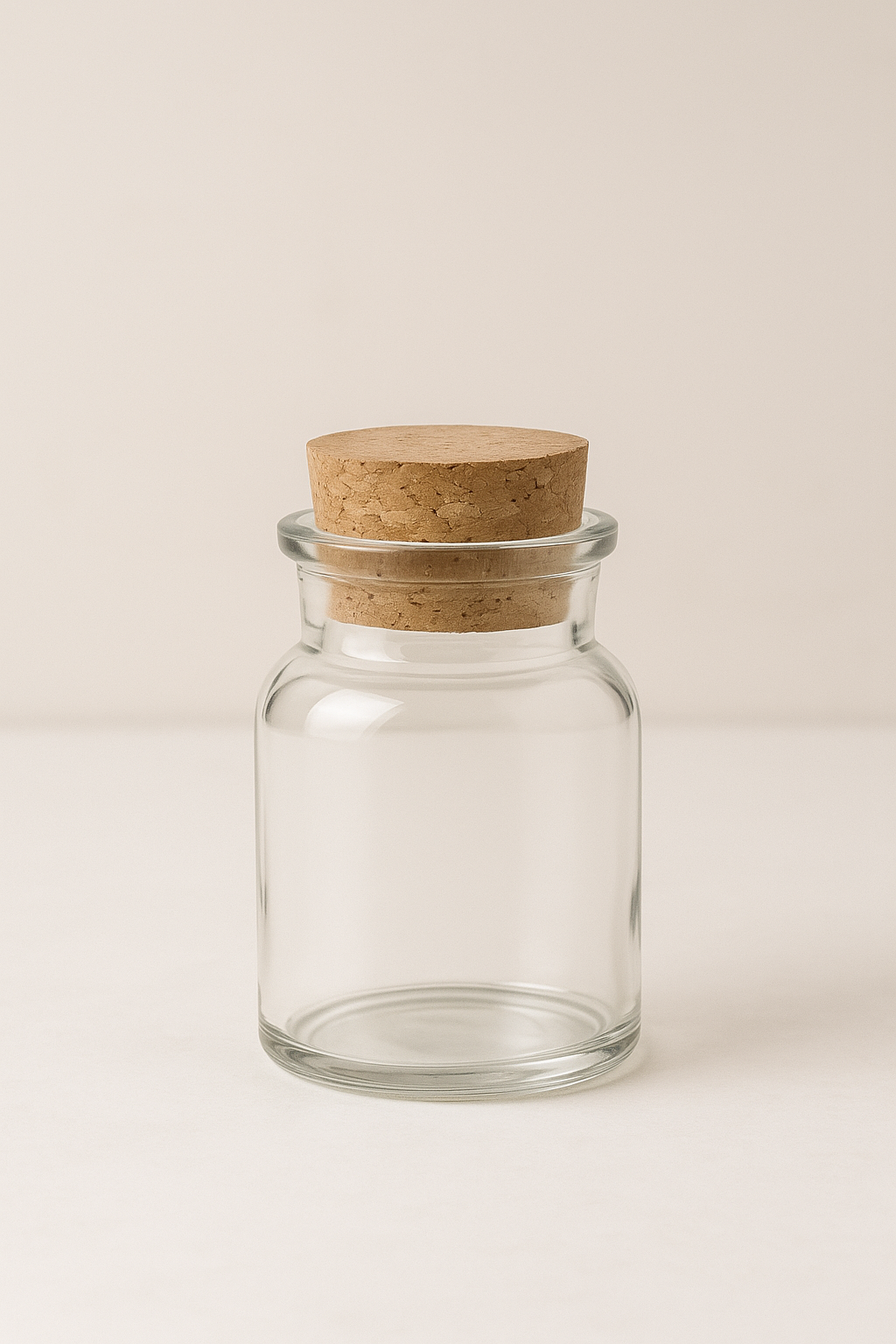 Transparentes Gewürzglas mit Korkdeckel, minimalistisches Design für Nachfüllgewürze.