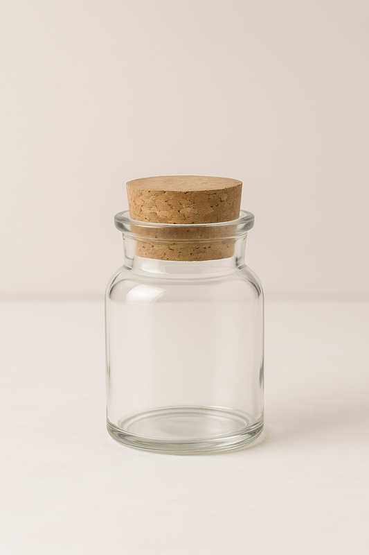 Transparentes Gewürzglas mit Korkdeckel, minimalistisches Design für Nachfüllgewürze.