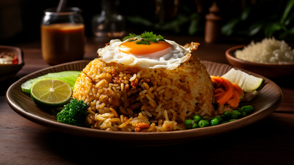 Nasi Goreng - gebratener Reis mit Gemüse, Kecap-Manis-Glanz und Spiegelei.