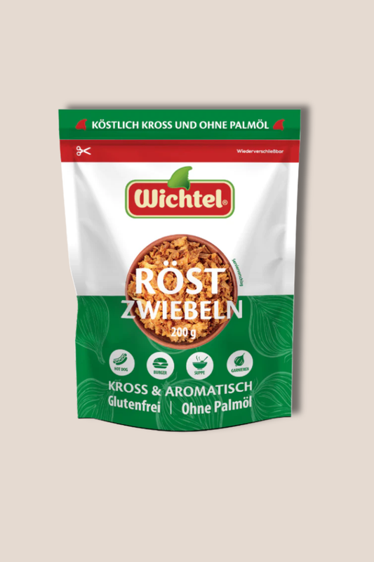 Knusprige Röstzwiebeln als Crunch-Topping, servierbereit im Beutel mit Sichtfenster.