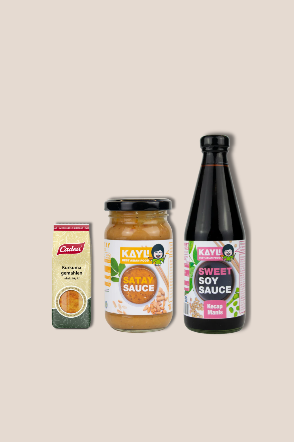 Starter Indonesia Paket von Rasa: Kecap Manis, Kurkuma gemahlen und Satay Sauce im 3er-Set.