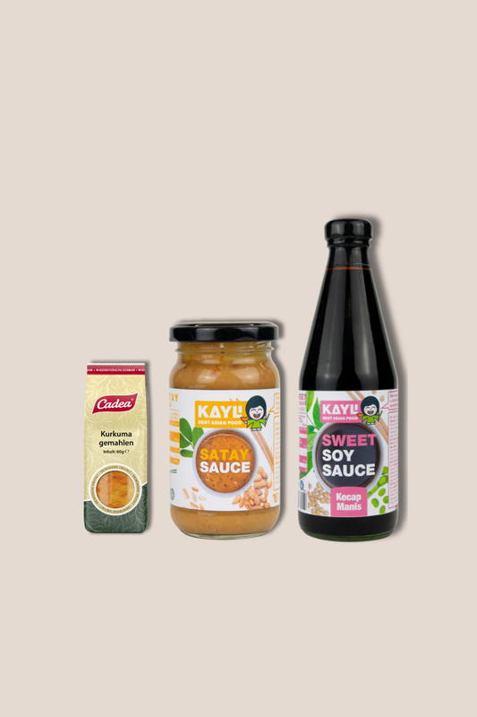 Starter Indonesia Paket von Rasa: Kecap Manis, Kurkuma gemahlen und Satay Sauce im 3er-Set.